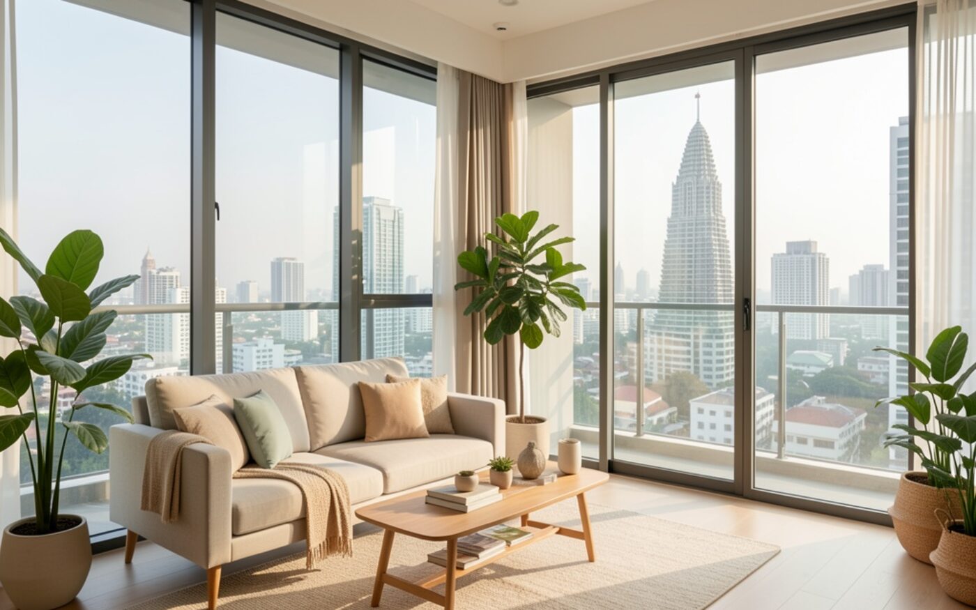 A furnished one-bedroom condo in central Bangkok with floor-to-ceiling windows and a city view